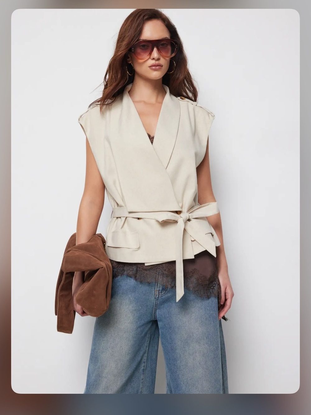 Cider LINEN-BLEND V-NECK WRAP BELTED OVERSIZED BLAZER VEST L WC9-6 - Picture 1 of 8